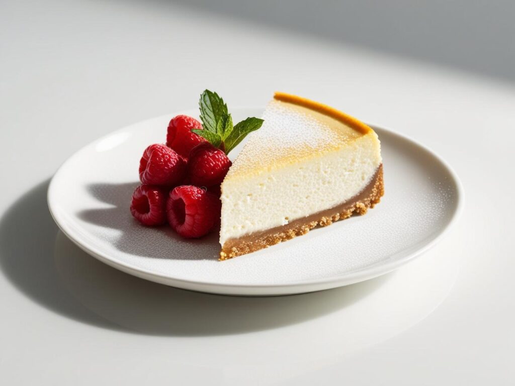 Elegancki sernik nowojorski na bialym talerzu delikatnie oproszony cukrem pudrem podany z malinami i mieta 1 sernik nowojorski