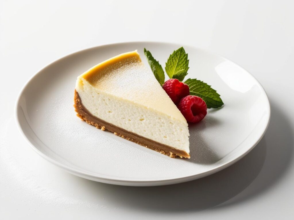 Elegancki sernik nowojorski na bialym talerzu delikatnie oproszony cukrem pudrem podany z malinami i mieta sernik nowojorski