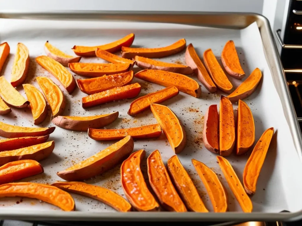 Frytki z batatow w piekarniku na blasze wylozonej papierem do pieczenia z widocznymi delikatnie przypieczonymi brzegami. Frytki posypane sola i papryka w tle miekka naturalna swiatlosc. 1 frytki z batatów