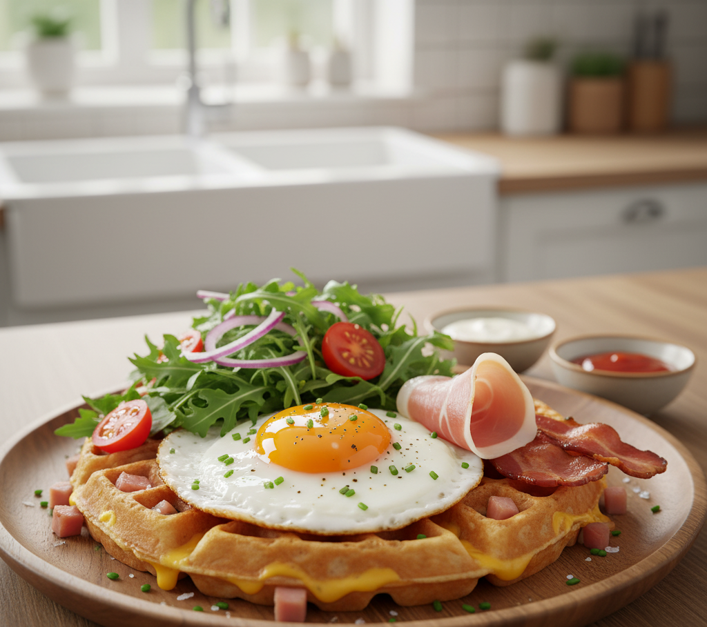 Gofry wytrawne z jajkiem i szynką