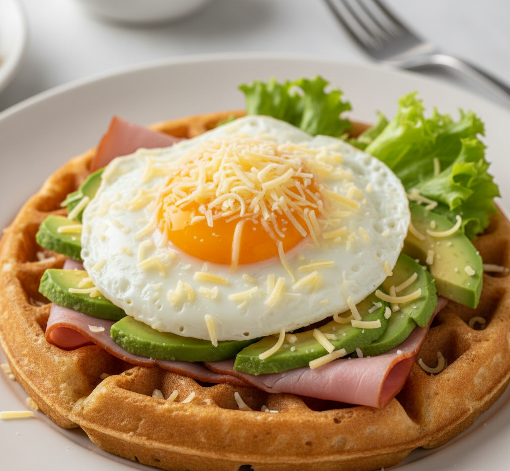 Gofry wytrawne z jajkiem i szynką