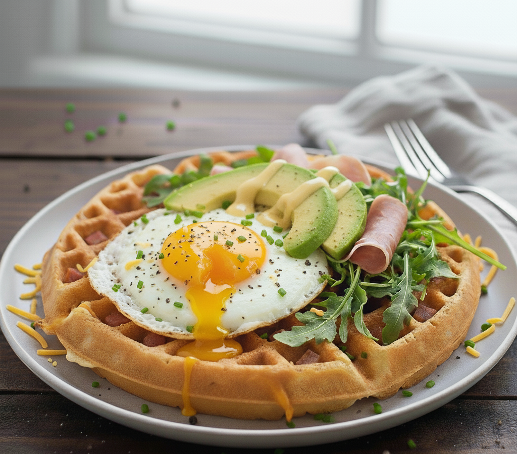 Gofry wytrawne z jajkiem i szynką