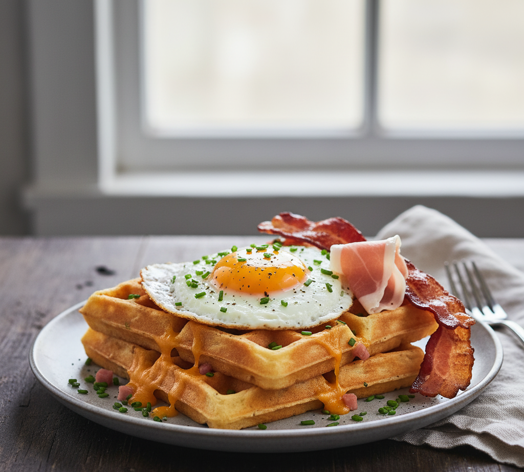 Gofry wytrawne z jajkiem i szynką