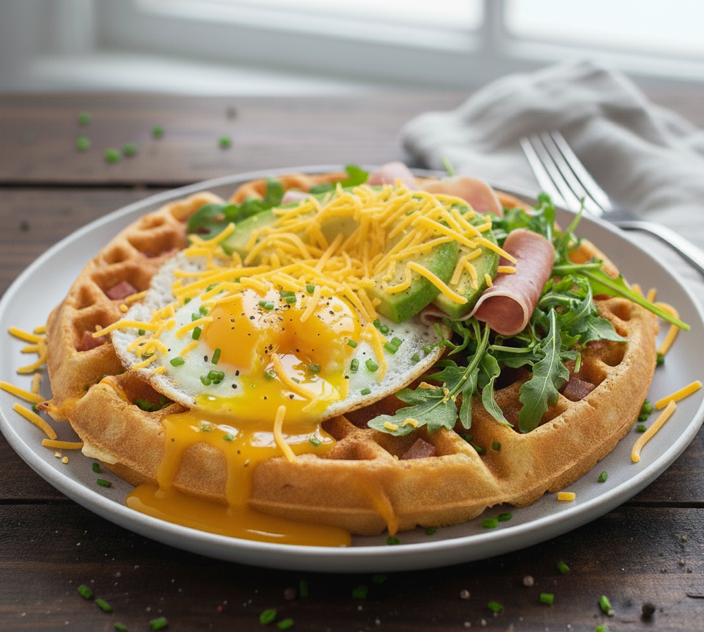 Gofry wytrawne z jajkiem i szynką