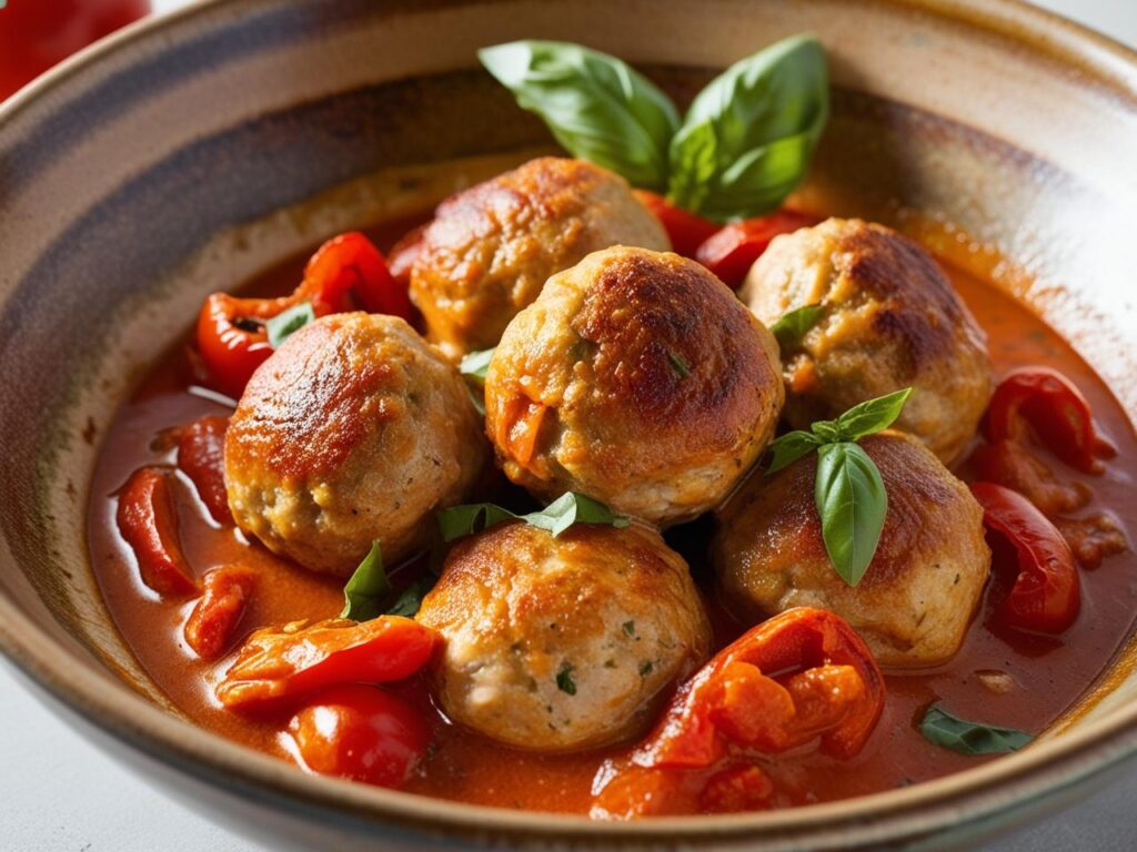 Golden turkey meatballs simmering in a creamy roasted red pepper and tomato sauce served in a rustic ceramic bowl with a sprinkle of fresh basil on top. 1 pulpety z indyka