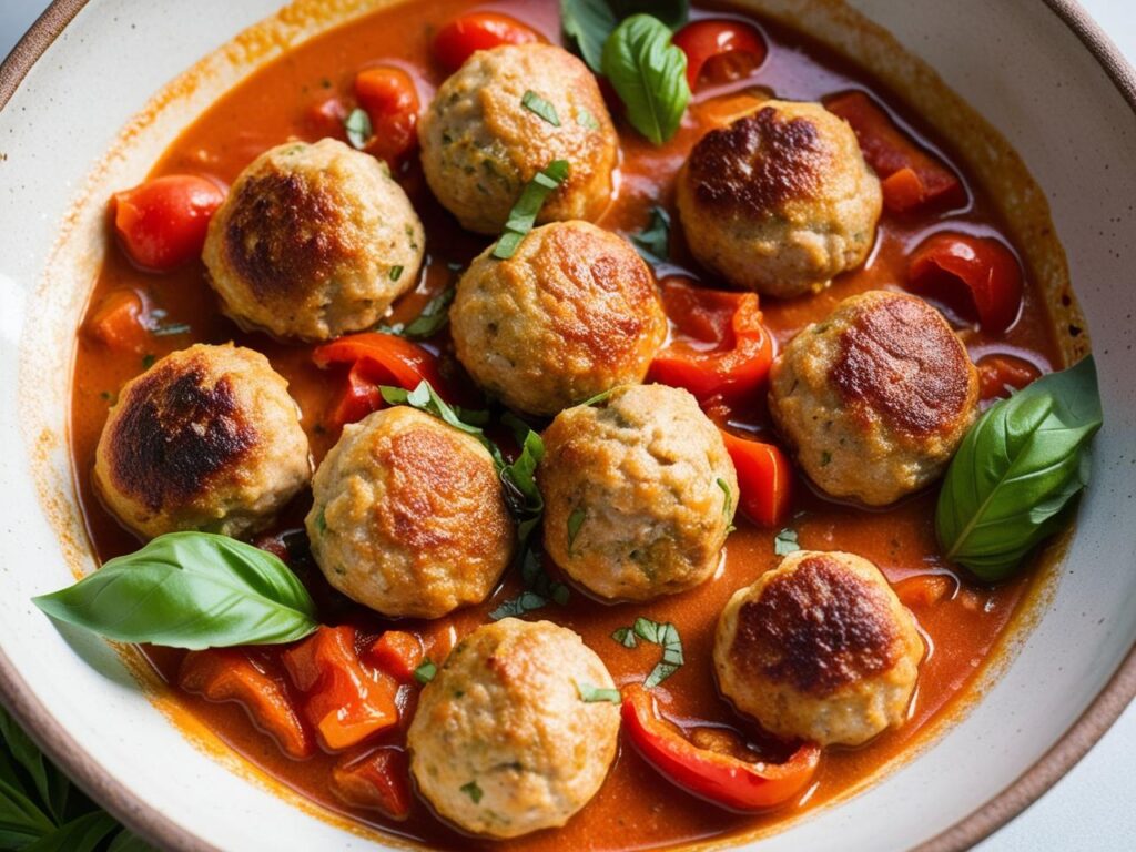 Golden turkey meatballs simmering in a creamy roasted red pepper and tomato sauce served in a rustic ceramic bowl with a sprinkle of fresh basil on top. 2 1 pulpety z indyka