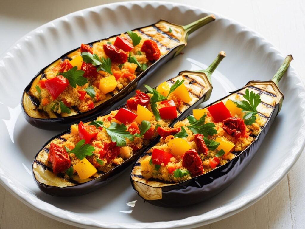 Grillowane baklazany wypelnione kolorowym farszem z kuskusu papryki i pomidorkow posypane swieza natka pietruszki na bialym ceramicznym talerzu. 1 Grillowane bakłażany faszerowane kuskusem