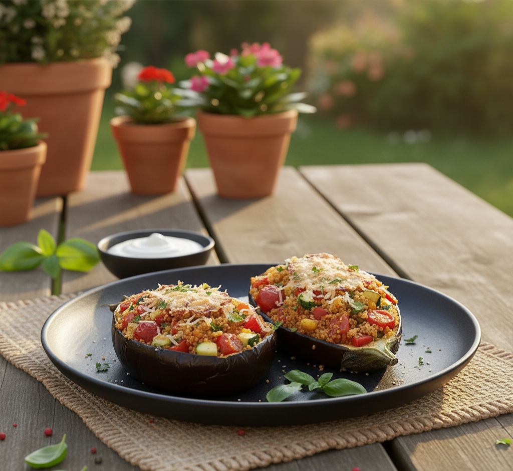 Grillowany baklazany faszerowany kuskusem Grillowane bakłażany faszerowane kuskusem