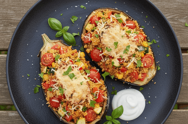 Grillowane bakłażany faszerowane kuskusem i warzywami