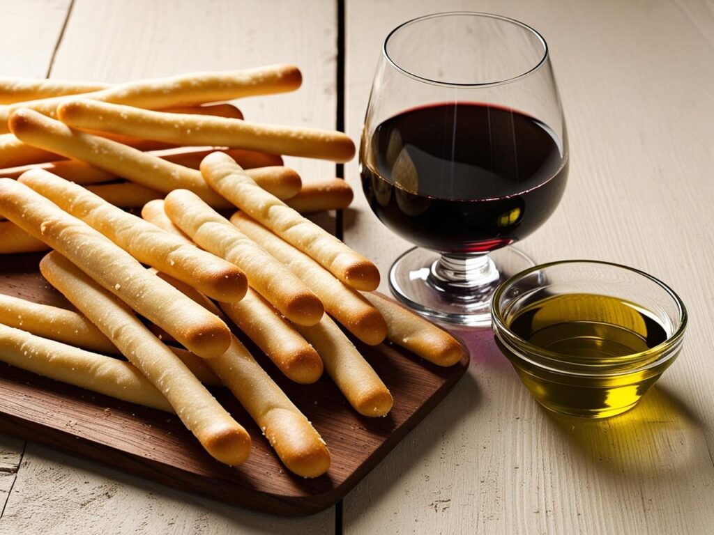 Grissini na rustykalnym drewnianym stole obok kieliszka czerwonego wina i oliwy z oliwek Grissini z parmezanem