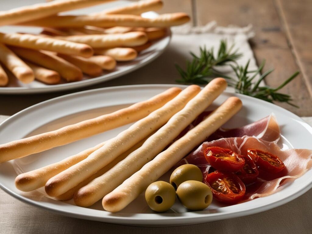 Grissini na tle wloskiego stolu z talerzem antipasti oliwki prosciutto suszone pomidory. 1 1 Grissini z parmezanem