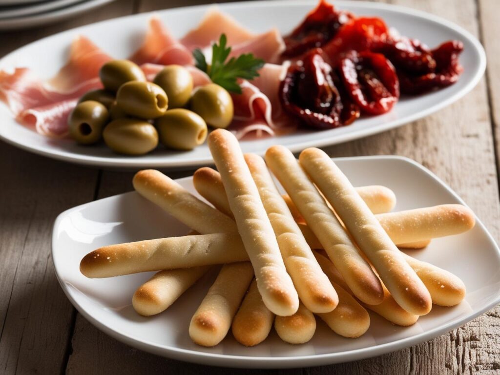 Grissini na tle wloskiego stolu z talerzem antipasti oliwki prosciutto suszone pomidory. 1 Grissini z parmezanem