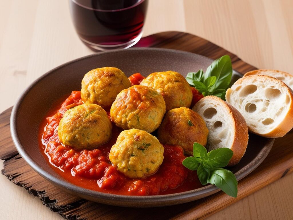 Klopsiki z ricotta w sosie pomidorowym serwowane na rustykalnym talerzu obok kieliszek czerwonego wina chrupiaca bagietka i swieze ziola Polpettine di Ricotta - mini klopsiki z ricotty