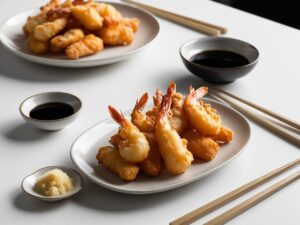 Kompozycja stolu – talerz z krewetkami bez pancerzy smazonymi w ciescie w tle i paleczki i inne dodatki w stylu japonskim krewetki w tempurze
