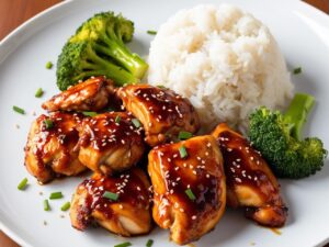 Kurczak teriyaki na talerzu Soczyste kawalki kurczaka w blyszczacym brazowym sosie teriyaki na talerzu podane z porcja bialego ryzu i zielonymi warzywami. Dekoracja z sezamu i szczypiorku Kurczak teriyaki na talerzu Soczyste kawalki kurczaka w blyszczacym brazowym sosie teriyaki na talerzu podane z porcja bialego ryzu i zielonymi warzywami. Dekoracja z sezamu i szczypiorku