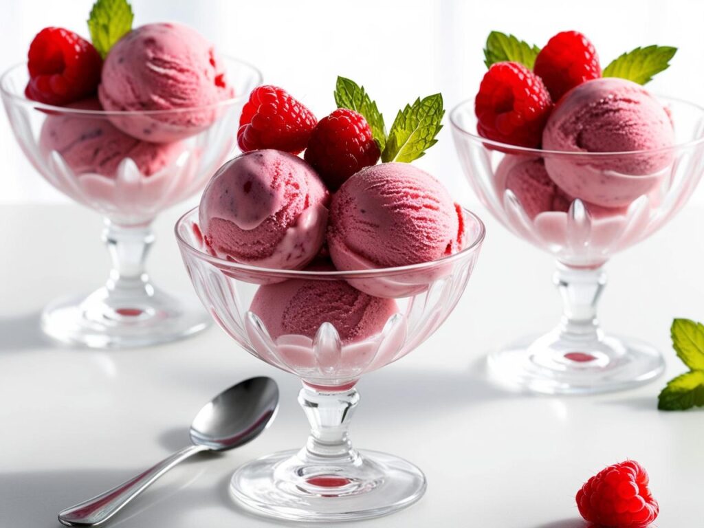 Lody w pucharku Kremowe kulki lodow malinowych podane w eleganckim szklanym pucharku udekorowane swiezymi malinami i listkami miety. Jasne tlo delikatne swiatlo dzienne