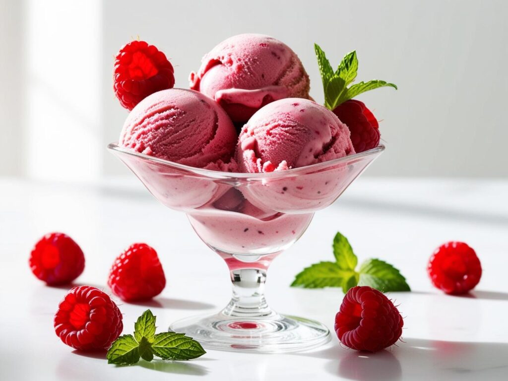 Lody w pucharku Kremowe kulki lodow malinowych podane w eleganckim szklanym pucharku udekorowane swiezymi malinami i listkami miety. Jasne tlo delikatne swiatlo dzienne. 1