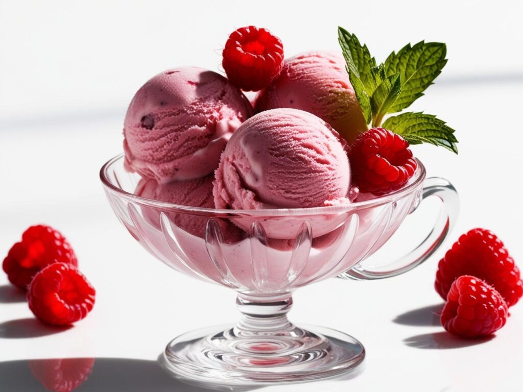 Lody w pucharku Kremowe kulki lodow malinowych podane w eleganckim szklanym pucharku udekorowane swiezymi malinami i listkami miety. Jasne tlo delikatne swiatlo dzienne. 3 1