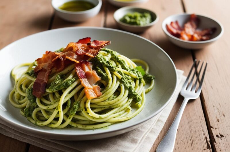 Makaron z pesto z rukoli i chrupiącym boczkiem