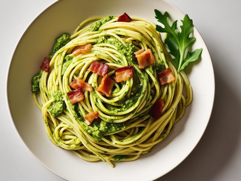 Makaron z pesto z rukoli i chrupiącym boczkiem