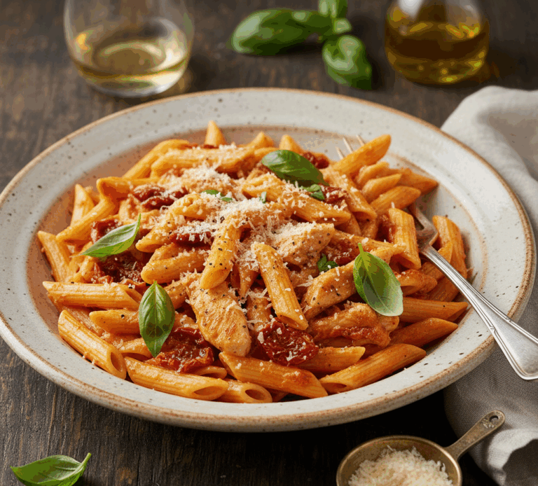 Makaron penne z kurczakiem w sosie z suszonych pomidorów