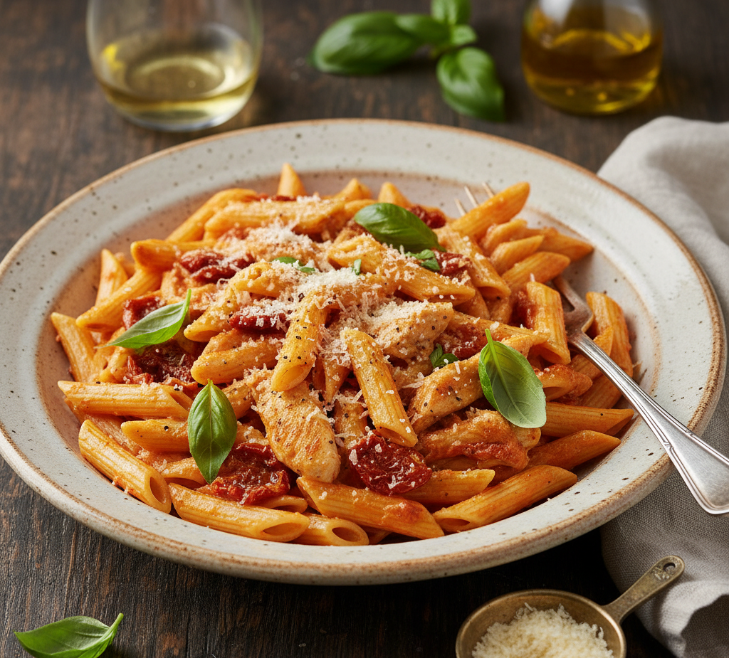 Makaron penne z kurczakiem Makaron penne z kurczakiem w sosie z suszonych pomidorów