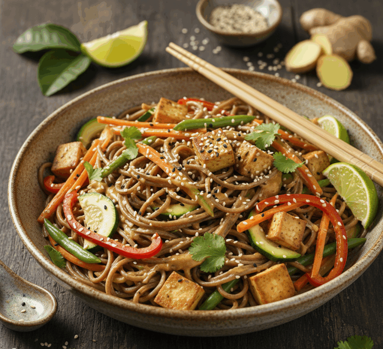 Makaron soba z tofu i warzywami w sosie orzechowym