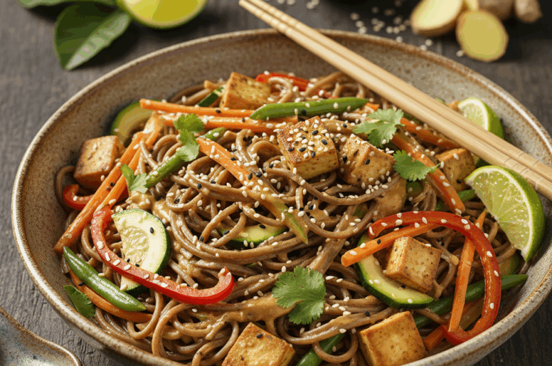 Makaron soba z tofu i warzywami w sosie orzechowym