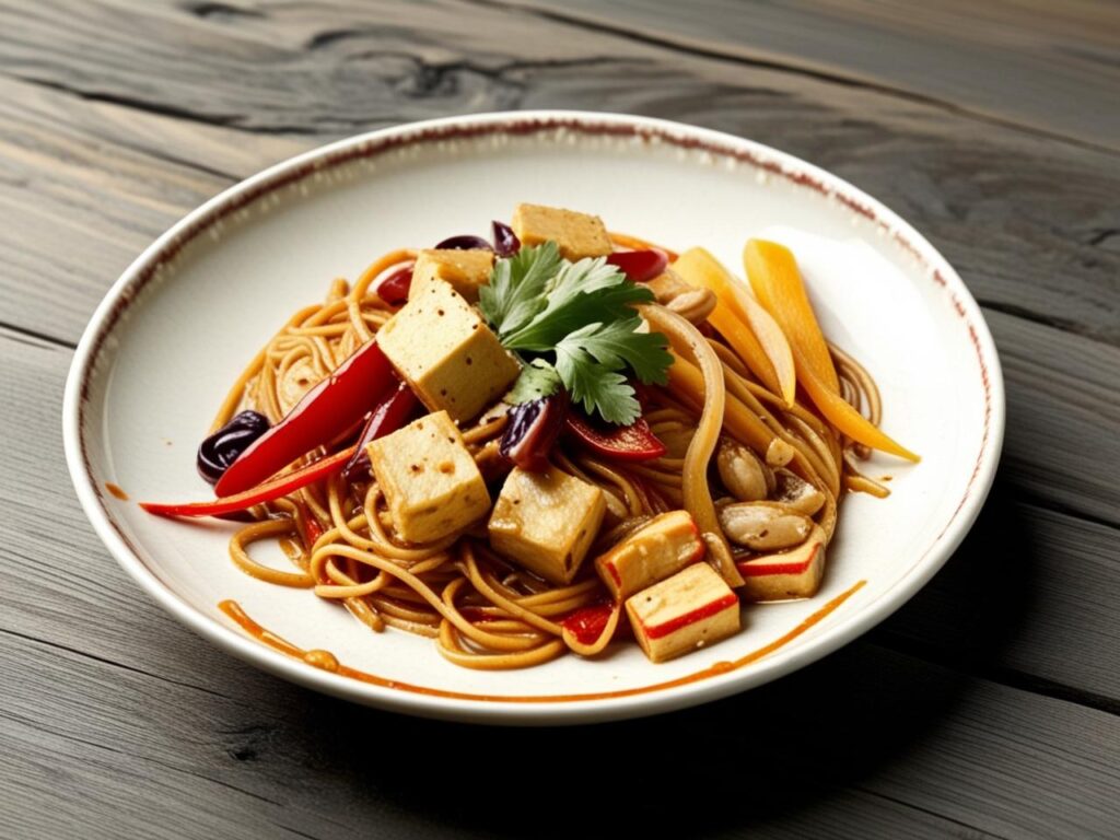 Makaron soba z tofu kawalkami czerwonej papryki marchewki pokrojonej w slupki oraz fasolka szparagowa otoczone kremowym sosem orzechowym na talerzu. Jak na zdjeciu 1