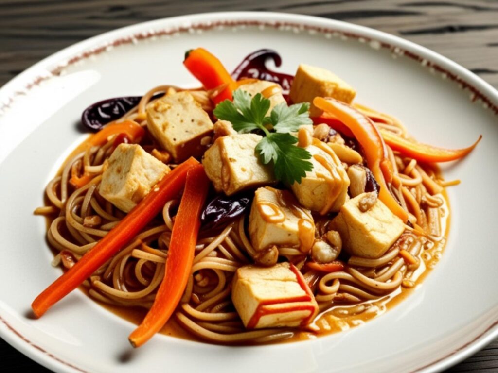 Makaron soba z tofu kawalkami czerwonej papryki marchewki pokrojonej w slupki oraz fasolka szparagowa otoczone kremowym sosem orzechowym na talerzu. Jak na zdjeciu