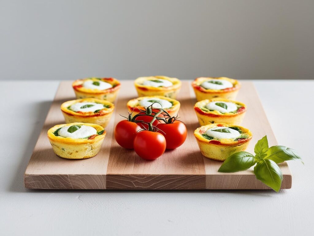 Mini frittaty caprese na drewnianej desce obok swiezych pomidorow i bazylii. 1 mini frittata caprese