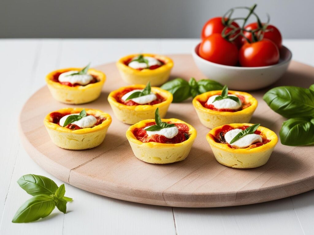 Mini frittaty caprese na drewnianej desce obok swiezych pomidorow i bazylii. mini frittata caprese