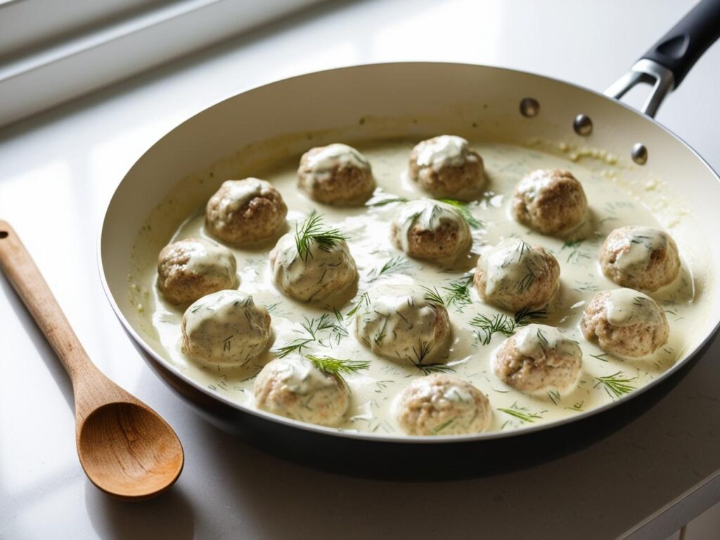 Patelnia z pulpecikami w kremowym sosie koperkowym na kuchennym blacie drewniana lyzka do mieszania obok widoczne detale sosu