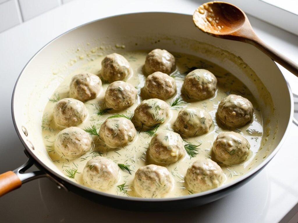 Patelnia z pulpecikami w kremowym sosie koperkowym na kuchennym blacie drewniana lyzka do mieszania obok widoczne detale sosu. 1