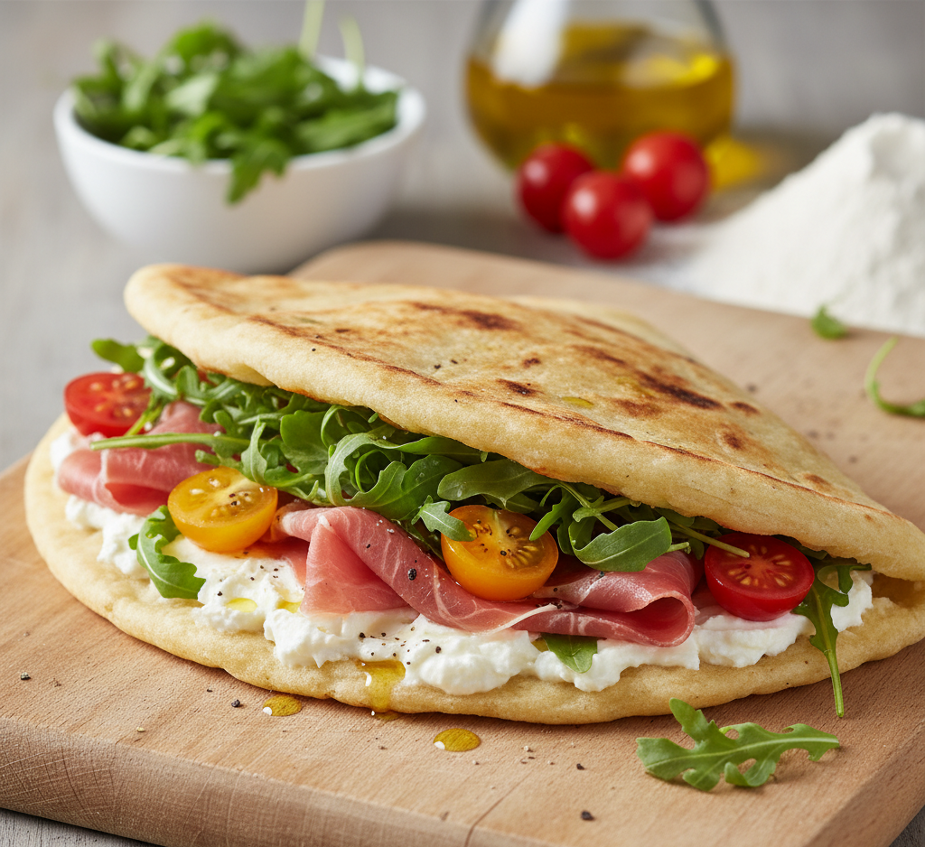 Piadina z prosciutto, rukolą i kremowym serem