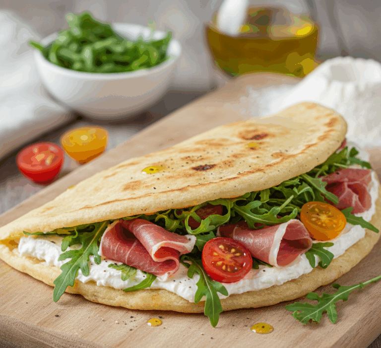 Piadina z prosciutto, rukolą i kremowym serem