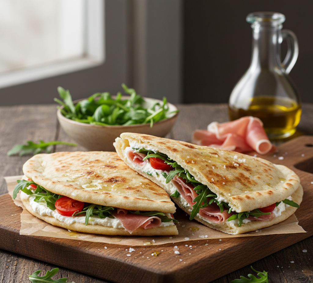 Piadina z prosciutto, rukolą i kremowym serem