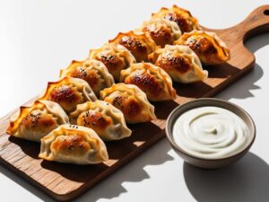 Pieczone pierozki ulozone na drewnianej desce zlociste i chrupiace posypane czarnym sezamem obok miseczka z jogurtowym sosem czosnkowym. 1 1 pierogi z warzywnym farszem