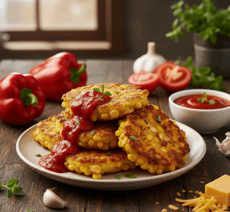 Placki kukurydziane z serem cheddar i pikantnym sosem