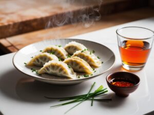 Podanie gyoza na talerzu Pierozki na bialym ceramicznym talerzu udekorowane szczypiorkiem i odrobina sezamu. Obok miseczka z ostrym sosem oraz kieliszek sake. Rustykalny blat kuchenny w tle Podanie gyoza na talerzu Pierozki na bialym ceramicznym talerzu udekorowane szczypiorkiem i odrobina sezamu. Obok miseczka z ostrym sosem oraz kieliszek sake. Rustykalny blat kuchenny w tle