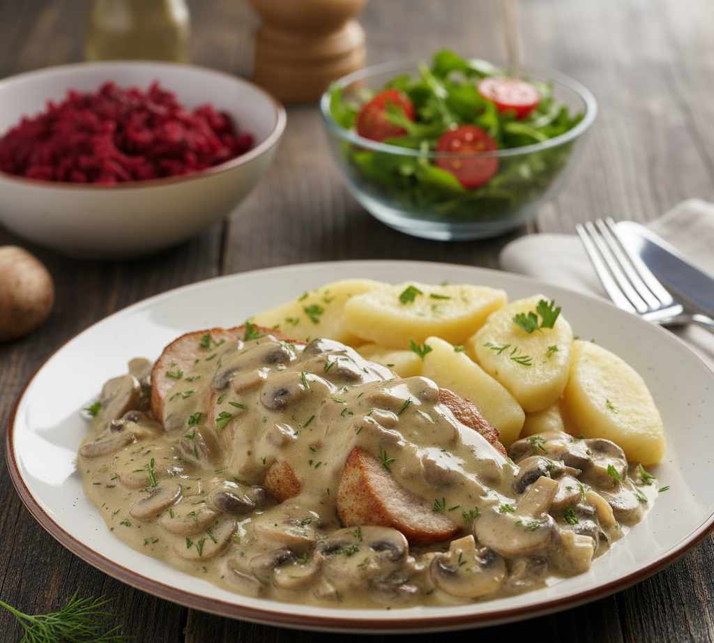 Polędwiczki wieprzowe w sosie śmietanowo-pieczarkowym