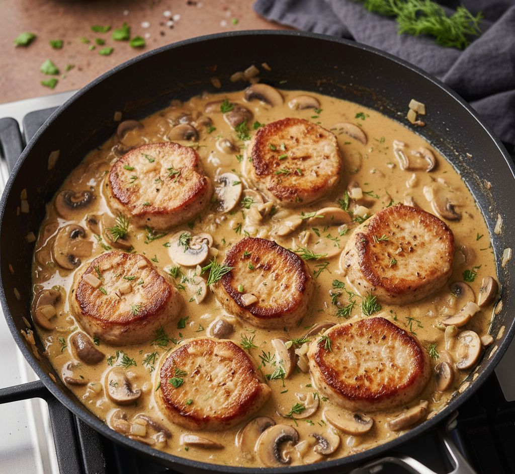 Polędwiczki wieprzowe w sosie śmietanowo-pieczarkowym