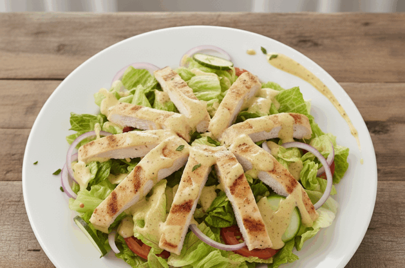 Sałatka z kurczakiem i dressingiem musztardowym z dodatkiem sałaty rzymskiej