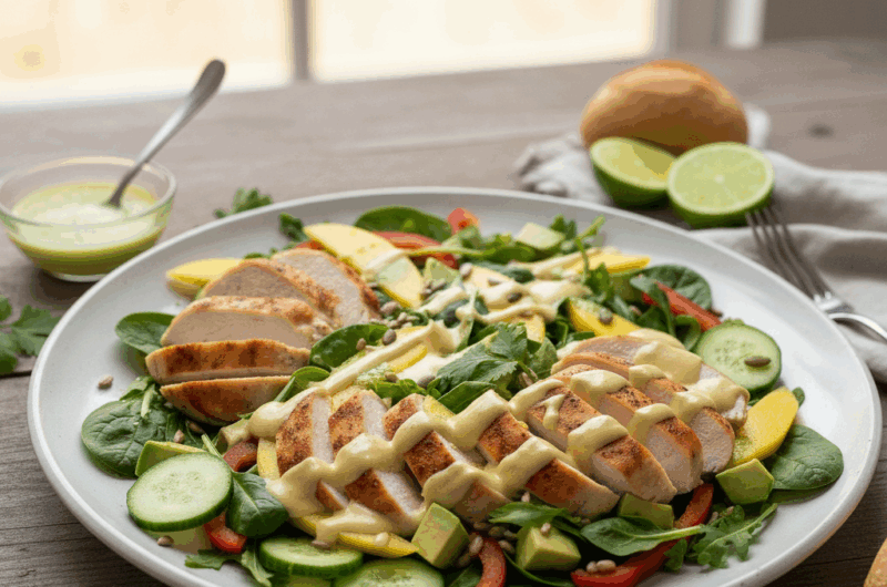 Sałatka z pieczonym kurczakiem, mango i dressingiem limonkowym