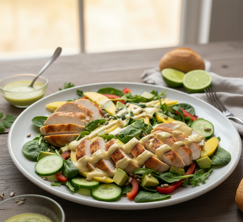 Salatka z pieczonym kurczakiem mango i dressingiem limonkowym Sałatka z pieczonym kurczakiem i mango