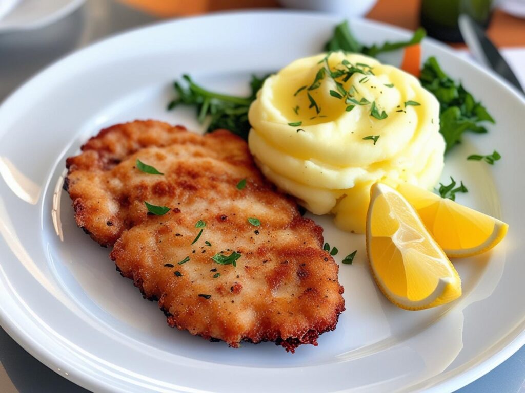 Serwowanie na talerzu Porcja duzego kotleta na talerzu z puree ziemniaczanym surowka z tartych buraczkow i kawalkiem cytryny. kotlety schabowe