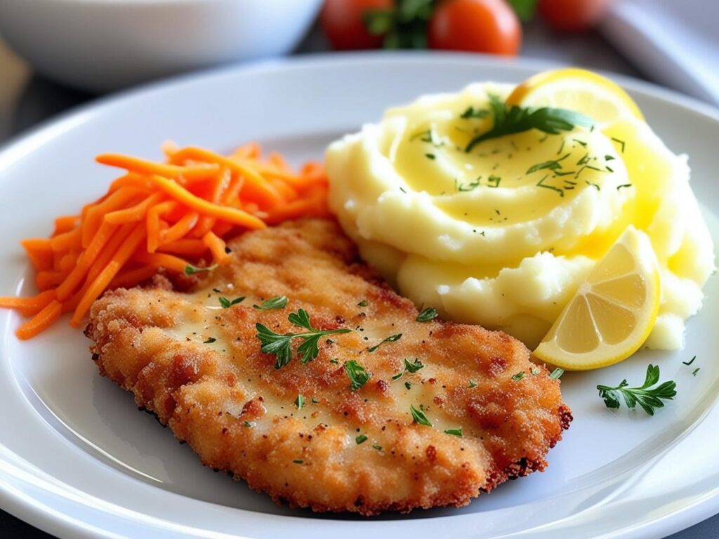 Serwowanie na talerzu Porcja kotleta na talerzu z puree ziemniaczanym surowka z tartej marchewki i kawalkiem cytryny. kotlety schabowe