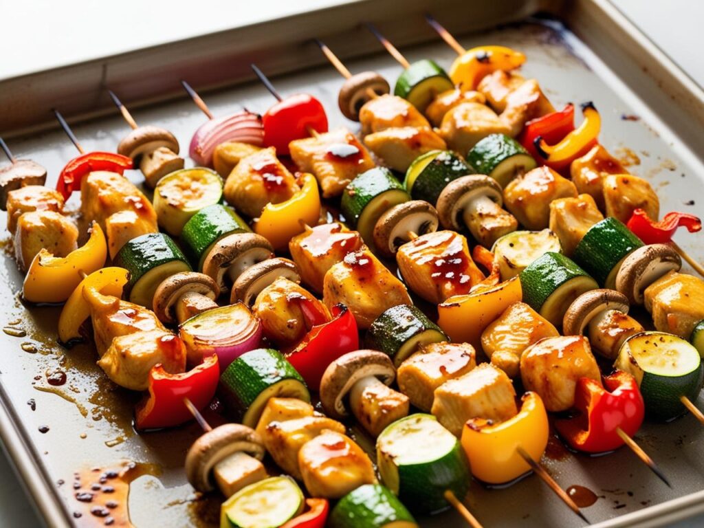 Szaszlyki z kurczakiem papryka cukinia pieczarkami i cebula zapiekane w piekarniku na blaszce oblane miodowa marynata z karmelizowanymi brzegami 1 1 szaszłyki z kurczakiem i warzywami