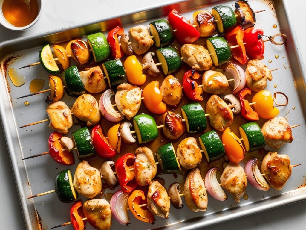 Szaszlyki z kurczakiem papryka cukinia pieczarkami i cebula zapiekane w piekarniku na blaszce oblane miodowa marynata z karmelizowanymi brzegami szaszłyki z kurczakiem i warzywami