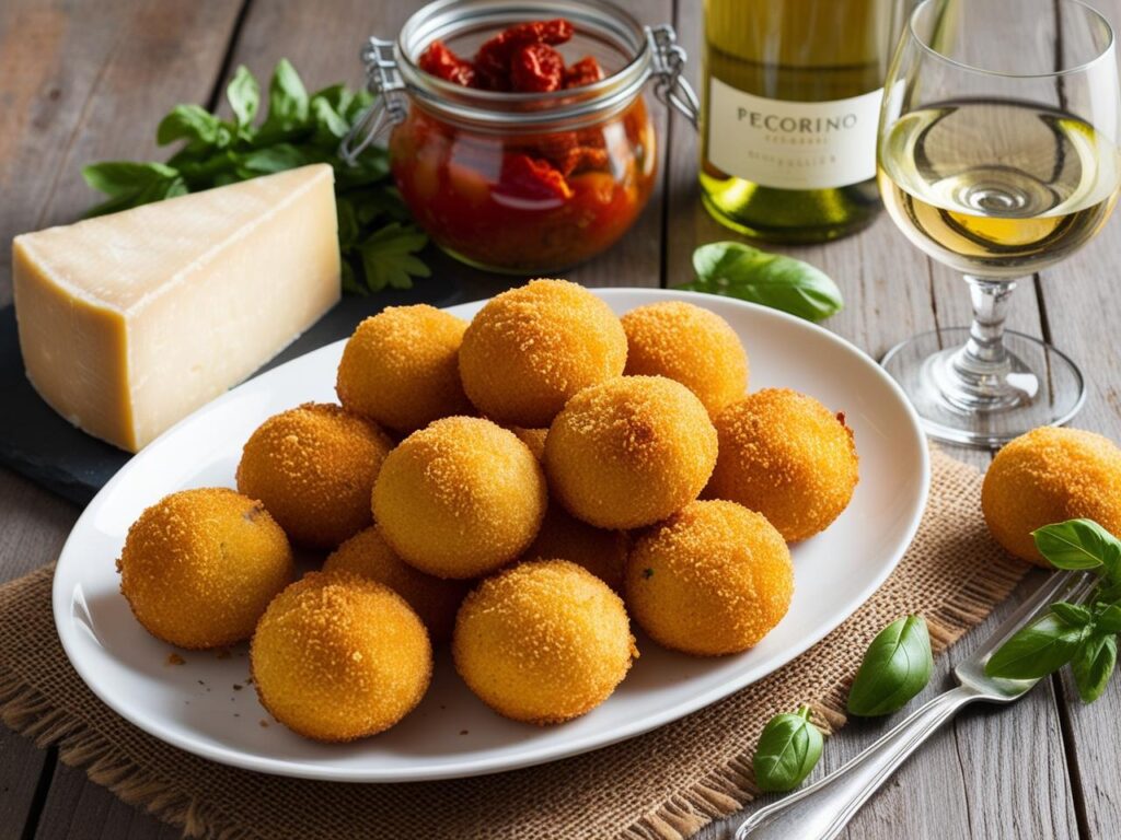 Talerz arancini w otoczeniu wloskich skladnikow – Arancini kulki ryzowe w chrupiacej panierce na rustykalnym stole obok kawalek pecorino suszone pomidory w sloiczku i kieliszek bialego wina. Arancini z serem